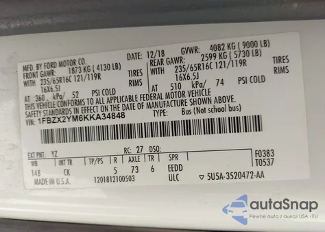 2019 Ford Transit-350 Xl z USA, uszkodzony, nr VIN 1FBZX2YM6KKA34848